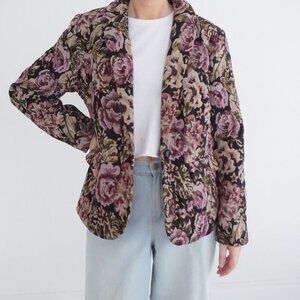 Vintage Dress Barn Rose Floral Tapestry Blazer Jacket Purple Black Textured L